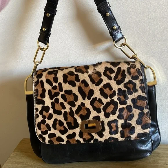 Leopard Print and Black Leather Shoulder Bag. Badgley Mischka Coralie Calfhair. - Picture 3 of 13